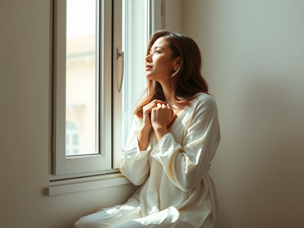 Mulher sentada em silêncio, refletindo sobre metas e cansaço emocional.