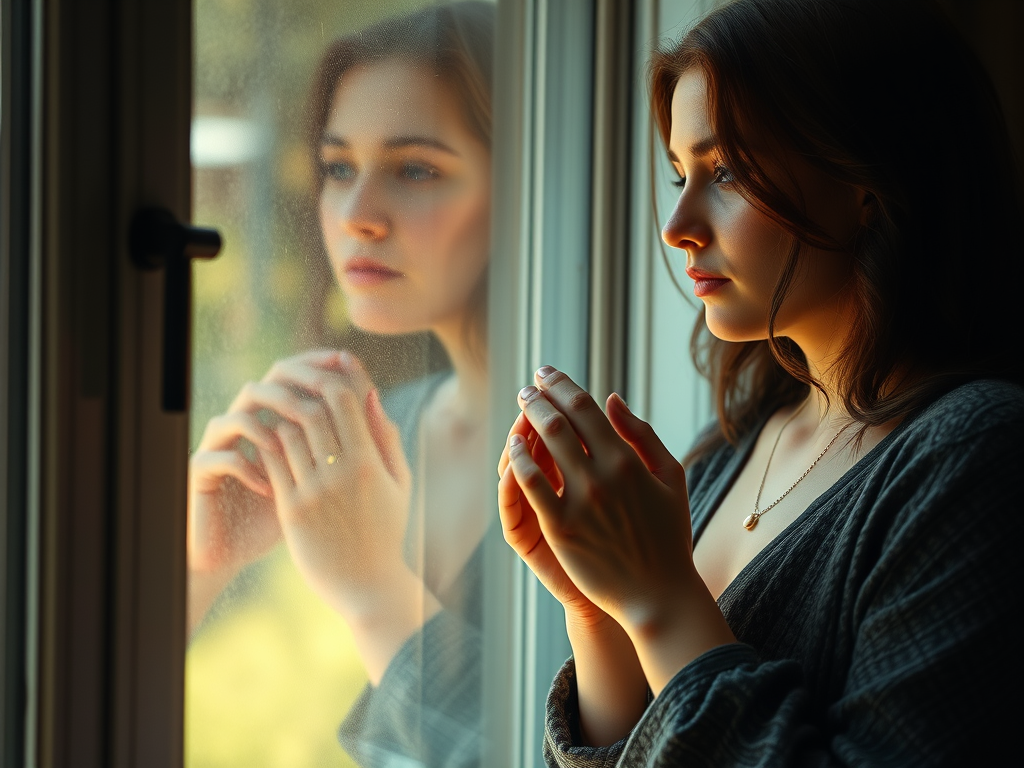 Mulher olhando pela janela com xícara nas mãos, simbolizando introspecção e mudança interna.