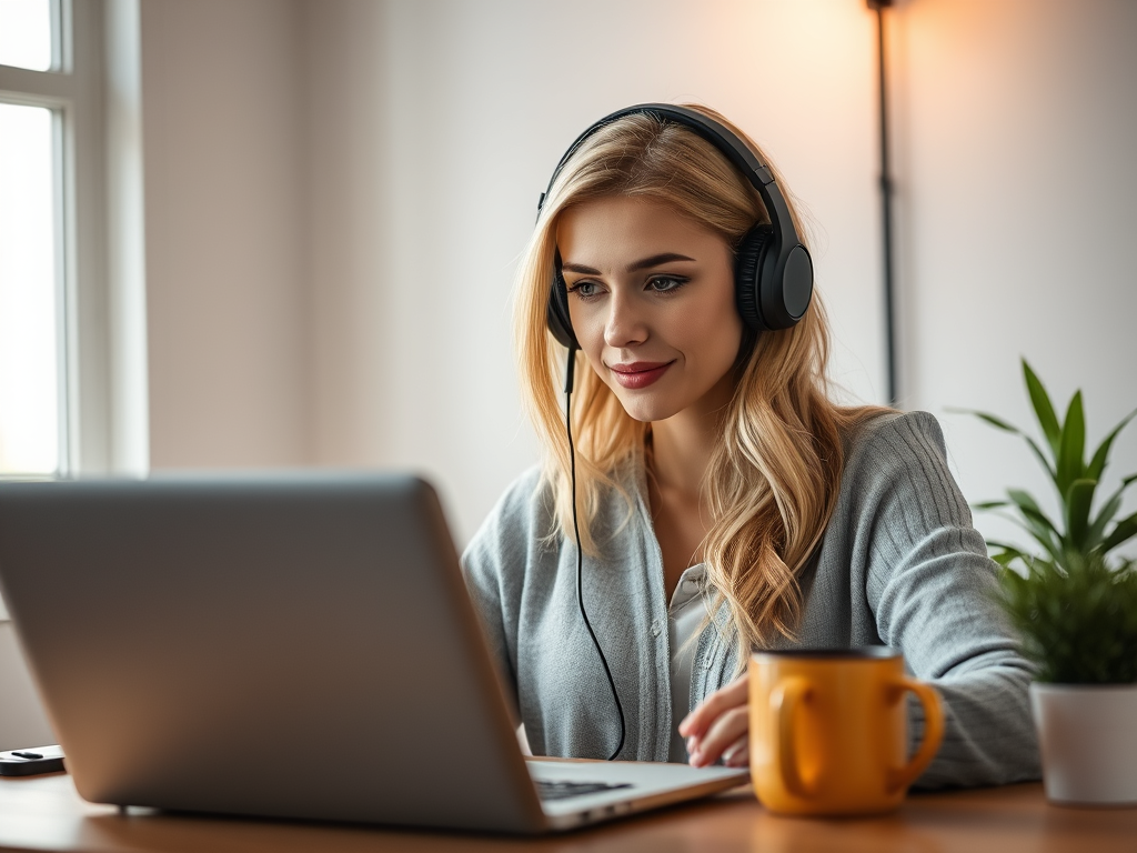 Mulher atendendo cliente em chamada de vídeo, ouvindo com atenção, representando o trabalho de terapeuta online