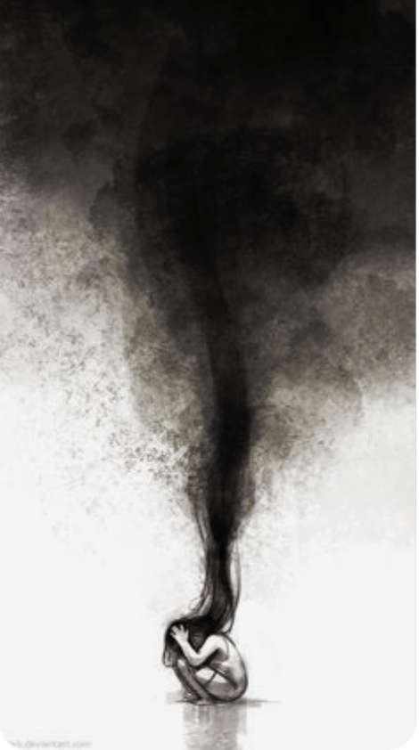 Mulher sentada no chão com fumaça escura subindo do corpo, simbolizando cansaço emocional, ansiedade e esgotamento interno.